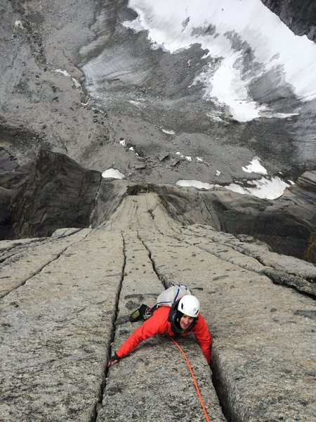 David Russell following a superb headwall splitter on the Lotus Flower Tower (V 5.11- 2,200'), Cirque of the Unclimbables, Northwest Territories Canada