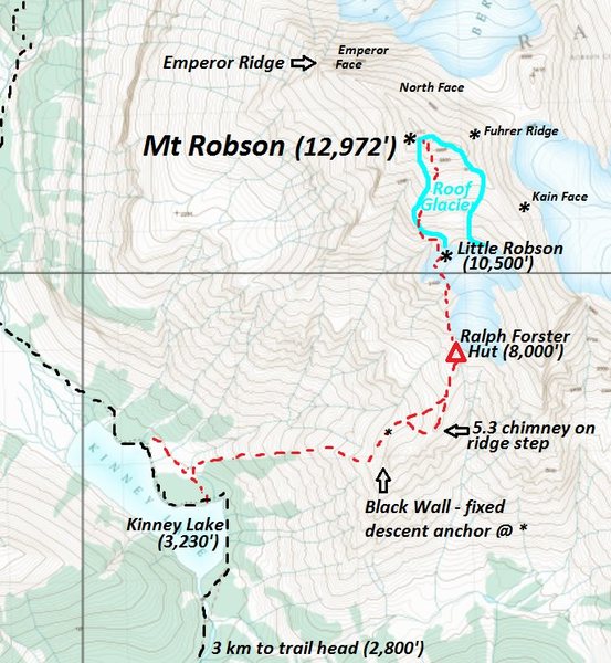 Robson's South Face Route<br>
No one else calls it the "Roof Glacier".  It is really called "the Roof" (a special name for the upper South Glacier).<br>
<br>
contour interval 20 meters