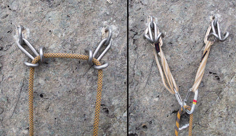 New Titanium Ram's Horns anchors are installed on all routes. They are quick, easy, and strong (30kN together).<br>
<br>
Please, as always, reduce wear and tear and top rope off of your personal gear. It is easy for the last person to loop some slack through both anchors, clean the draws, and lower, in under 30 seconds without ever going off belay.