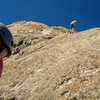 Good view of the crux of Ahab Slab, around the fourth bolt. 