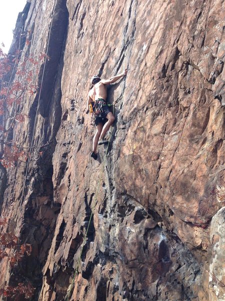 At a good stance for placing 2nd piece; in this case, a small tcu. First small wire (bomber) is visible and is placed overhead from a few moves below. Photo by Natasha P.