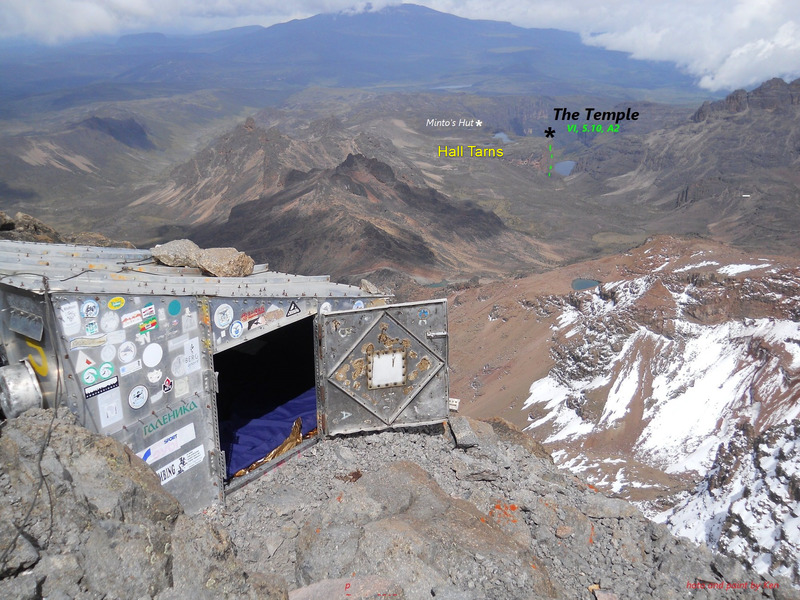 Howell Hut atop Point Nelion, Mt Kenya.<br>
<br>
In decades past, climbers camping near Hall Tarns would emerge from their tents in the morning to find themselves surrounded by elephants.<br>
<br>
Same camp would make the Temple an amazing top down opportunity. Unfreeclimbed?