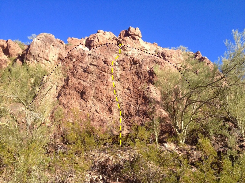 Comfort for Fear climb beta line. The black dotted line is the outline of the boulder itself, while the yellow dotted line is the problem