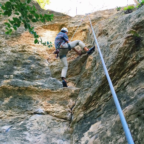 Headed up to clean a top rope after leading on Howard's End (5.10b)