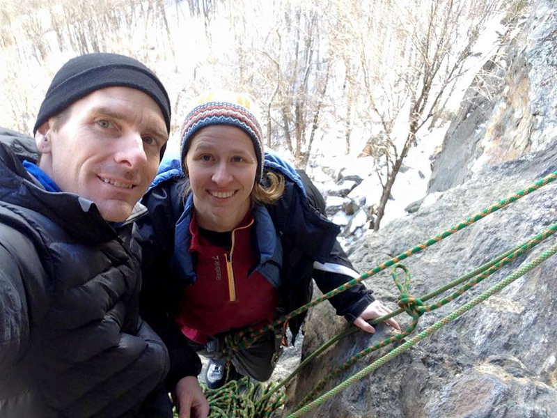 a chilly belay ledge in January...it was nice until the sun went away