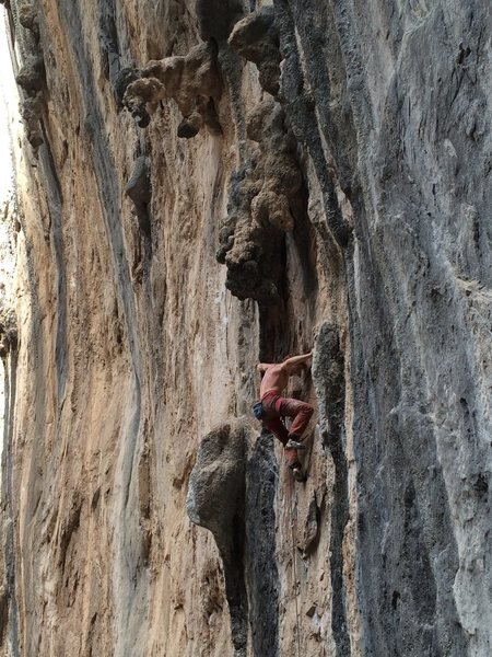 Ben Crawford on this amazingly featured route. Such an incredible line with great tufa rests in between cruxes