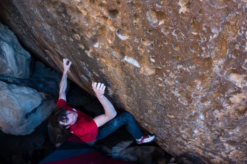 After the first two moves the difficulty eases a bit. From this move to the end is probably around V6 or 7. Photo by Jake Croft