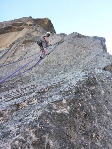 At the P4 belay. One bolt plus a 0.75 cam and green alien. Small ledge to stand on. Photo by Casey Andrews.