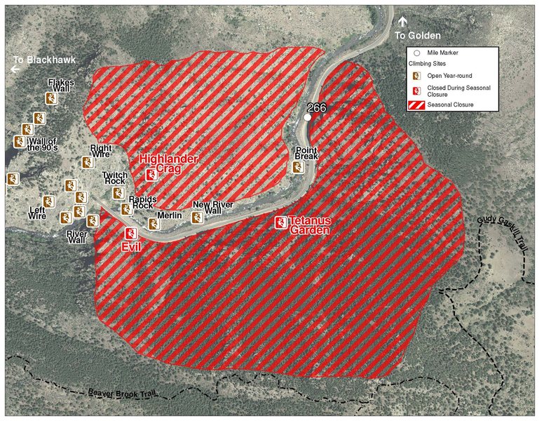 CCC Raptor Nesting Closure 2 (E of Tunnel 2).  In 2016, the closure WAS lifted June 9 for ONLY the 2016 season, per Eric Krause, JeffCo OS Ranger.  Photo reconfiguration: Ron Keller.