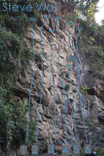 1. 'I Am Made Of Rice' 5.10c
<br>
2. 'Best Route In Kansas' 5.11a
<br>
3. 'Scarface' 5.10b
<br>
4. 'Ben's Route' 5.10c
<br>
5. 'Saya Steve' 5.8
<br>
5a. 'Za Za' 5.11d
<br>
6. 'Slab Python' 5.10d