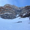 Looking up from the top of the WI2 pitch. Hike up the snow, climb the mixed step, up the snow again and turn right and out of view.