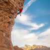 At the first clip after the crux.. One of the most photogenic climbs when the sun drops low.