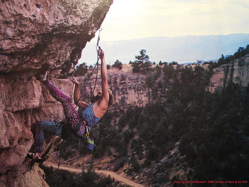 Darryl Roth on Dave's Dangle.<br>
<br>
Photo by Dan Heidenreich, 1988,<br>
from Mark Van Horn and Sally Moser's<br>
<em>Rock & Ice</em> Guide, issue #26,<br>
The first Shelf Road topos.<br>

