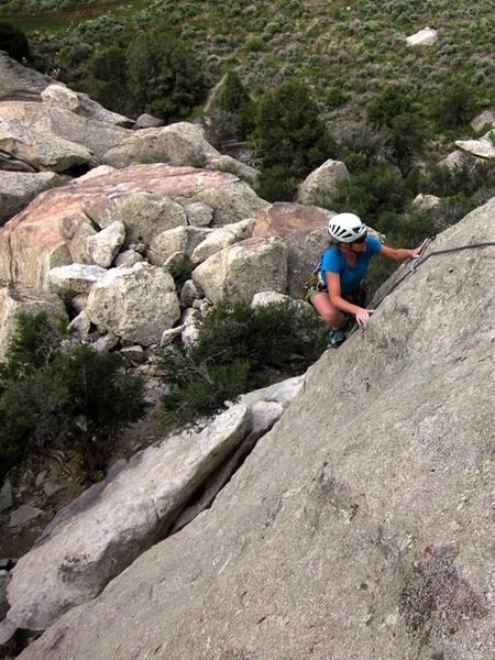 Jen cresting the last steepness on Slab Happy