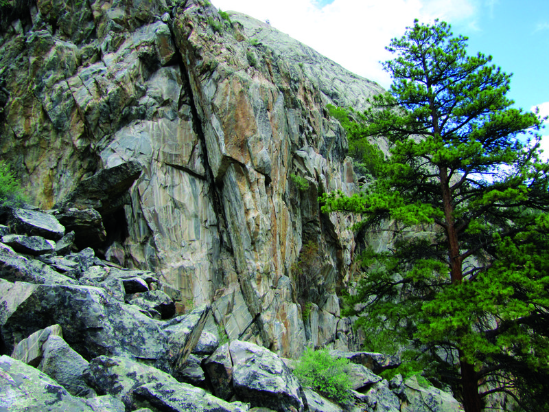 Golden Arete (12b) climbs the obvious prow in the center of the photo.