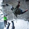 Pat taking the whipper like a top rope tough guy on one of the many drytool routes in Keystone Canyon.