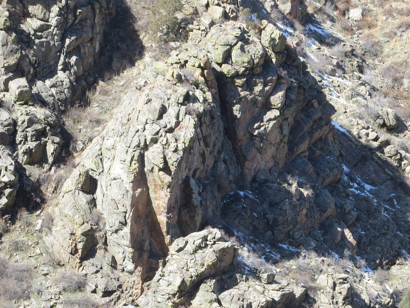 New Hipster Rock from across the canyon at AAA Crag.  The climber is on The Hipster?