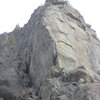 Close-up of the crag from the road, showing the North (L) and West (R) faces.