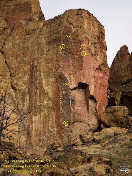 Churning Buttress<br>
-----------------<br>
Churning In The Wake, 5.13a<br>
Churning Sky, 5.13a<br>
Churning In The Ozone, 5.13b