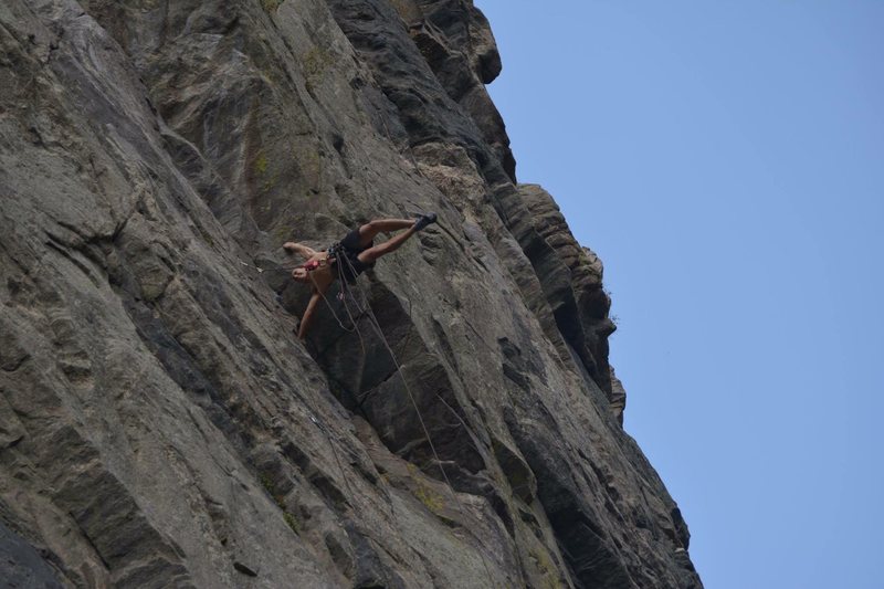 Having a little fun flag-poling on a roped solo run.