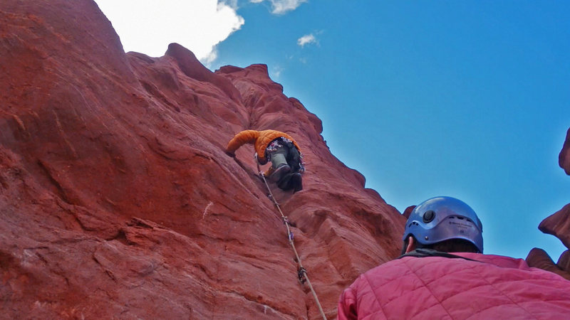    2nd pitch on the Finger of Fate route. Zschiesche free climbing this sweet pitch. Clean gear placements are more than adequate for this fine route.