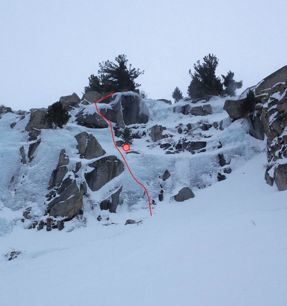 Larry, showing the tree that's often used to top rope the lower part of the route.