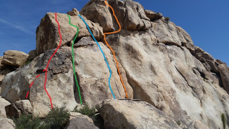 Leftmost (western) side of the southwest face of Jellystone showing the four leftmost climbs.