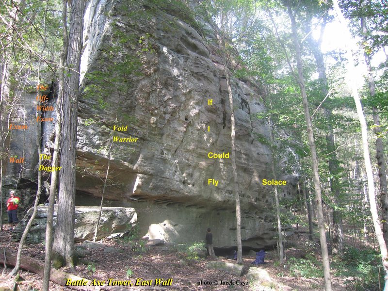 The Battle Axe Tower, L to R: The Off Width Exam Wall -behind red guy, The Dagger -behind big tree, Void Warrior, If I Could Fly -above black guy, Solace -far right