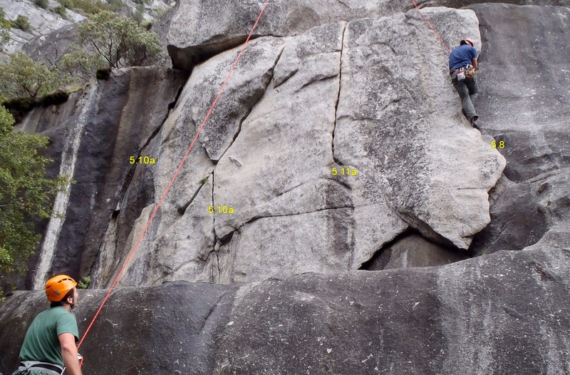 Penthouse Cracks has 4 solid cracks mostly accessible by the same anchors. The left two are 5.10a, the middle right is a 5.11a, and the flake on the right is a 5.8. 