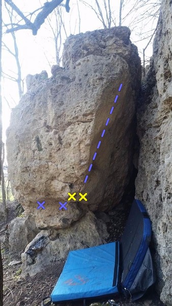 Yellow for hands, Purple for feet, first move can be left up to the arete or right to a far right jug on the face.  