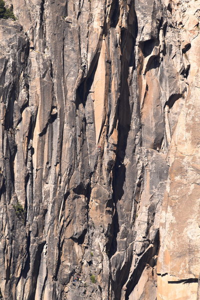 Tom Evans photo showing Bosque on "Karnac Ledge", DeWeese leading Pitch 7, and "Cassidy's Corner" above.