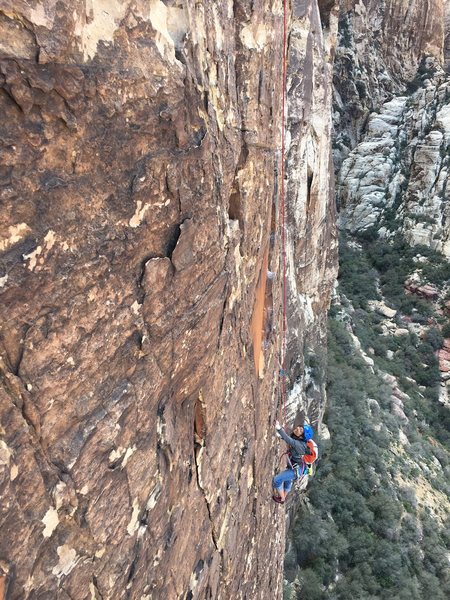 Climber on near the top of the second pitch. 