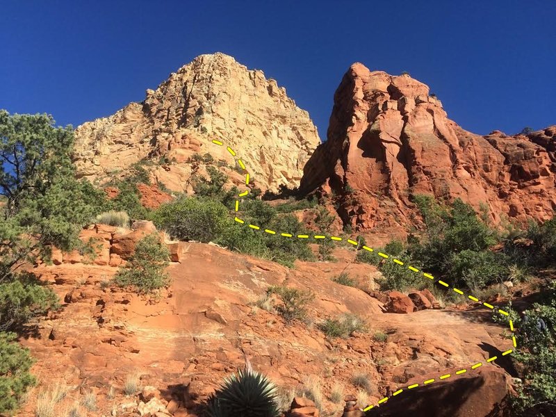 This is a rough outline of the trail up to Sedona Scenic Cruise. The trail is fairly well defined with lots of cairns, so if you're bushwhacking, then you're lost. 