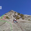 looking up at the 5.10b pitch of urban bypass. Green line shows the true line as it continues on as Dreamer, Red line shows where we got off-route