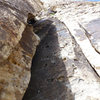 This is the steep third class approach to the start of the route. After climbing this ladder of pockets, step left and down to the ledge above the giant jumble of boulders, which will put you at the start of pitch 1, right where fossana's "charlie brown tree" picture was taken.