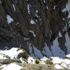 Belaying Ben up the first pitch out of the right couloir, M5, 120'.