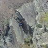 Climber on Shepherds Chimney . Shepherds Crag .. Near town of Keswick