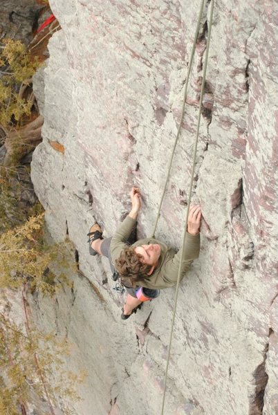 Climbing the beautifully flowing moves in the upper section in the spring of 2013 (Disclaimer: I'm the mean height and weight of players in the NBA so your experience might be different). Love this climb!