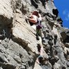 Halfway up Hungry Eyes at Pointless Crag. 