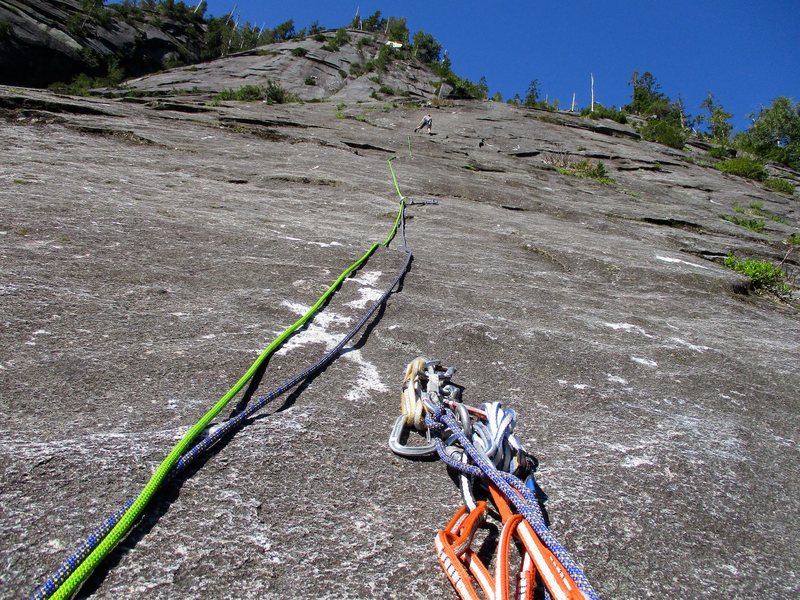 Looking up from the belay at the top of Pitch 1 of Silent Running.