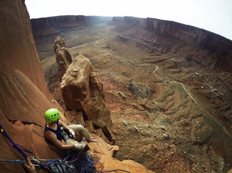 Sitting on the nice belay ledge at the top of Pitch 2 (if you climb the 5.9 variation instead of the 10+ squeeze).