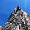 Carol sussing out the last and crux pitch of the SW Arête