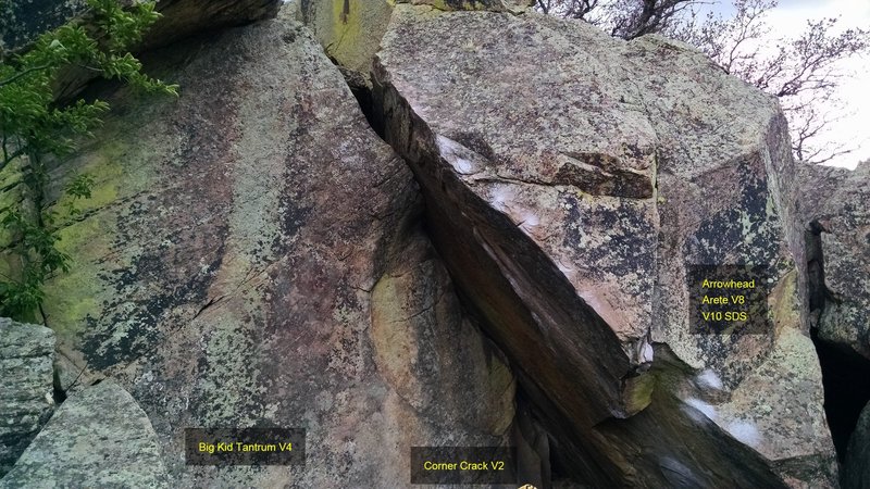 Big Kid Tantrum, V4.
<br>
Corner Crack, V2.
<br>
Arrowhead Arete, V8 (V10 SDS).