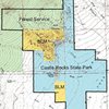 Map for Castle Rocks.  CLIMBING OPEN in State Park (blue) and National Forest Service (green).  CLIMBING CLOSED in BLM lands (yellow)