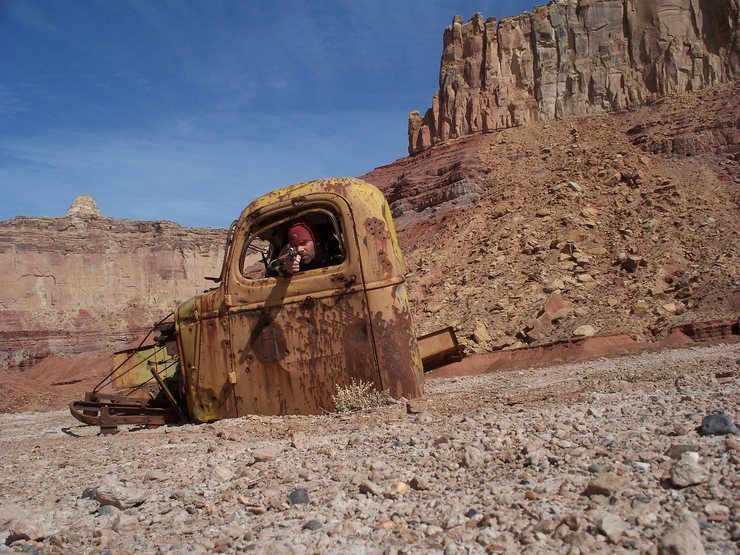 Tomsich Butte truck cab, and some thuggy desert rat.  Top Hat and North Buttes behind.