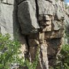 This was my favorite boulder problem.  If you kick the bottom too hard it might fall down, but the cracks are solid.  