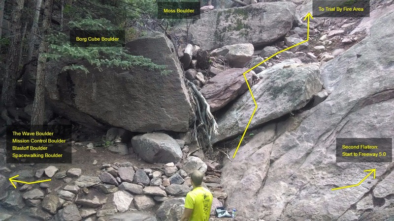 Major boulder locations. Looking at Borg Cube looking south, 2nd Flatiron to the west, and The Wave Boulder to the east.