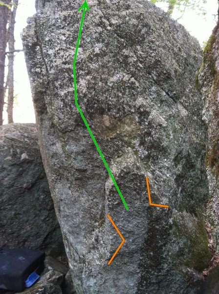 Top Gun, start holds and line of travel shown. This line heads more or less straight up the face. 