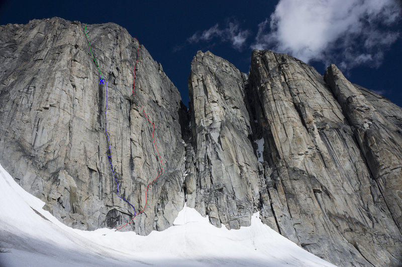 South face of Moraine Hill aka Dawn Mist Mtn topo. Green-rap rt. Blue-2014 attempt, highpoint marked X. Red-“Fighting Till Dawn” V, 5.11- R, 460m – Dawn Mist Mountain aka Moraine Hill; 2nd ascent of the peak and the 1st ascent of the south face. FA Pat Goodman, Jessa Goebel and James Q Martin 7/19-20/15