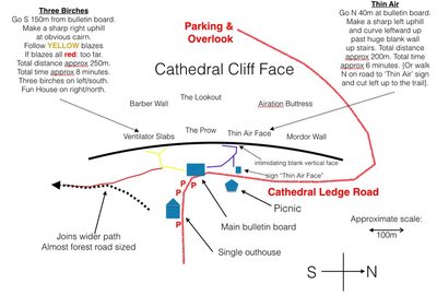 Locals know how to find the route. The books all say go to "Standard Route" but then you look up Standard Route and it says to go to Thin Air (recursive and not helpful), OR, the books say to "go to Thin Air Face" (also not helpful). <br>
<br>
So, at the risk of hecklers (and I get a lot when I post maps to routes, as if, somehow, the goal is to make finding the route a mystery and some sort of rite of passage itself!), here is my carefully hand-drawn map to Thin Air Face (and Three Birches area) that would have saved me a lot of time wandering around in search of the right spots.